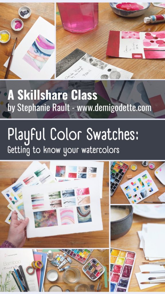 Playful Color Swatches: Getting to Know your Watercolors. A Skillshare class by Stephanie @demigodette. 
[Images of different watercolor swatches]