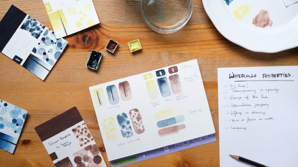 Playful Color Swatches: Getting to Know your Watercolors. A Skillshare class by Stephanie @demigodette. 
[Images of a watercolor swatch made to learn about watercolor properties]