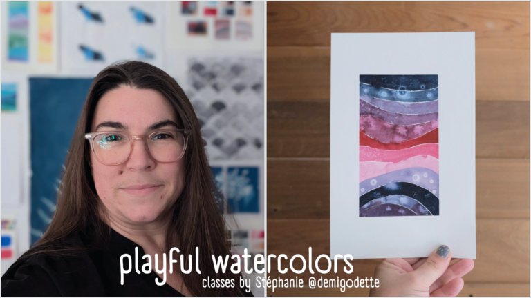 Introduction picture for my new watercolor class: Wavy pattern of watercolor textures.

The image shows, on the left side, Stephanie @demigodette and the class project painted on the rightside.
